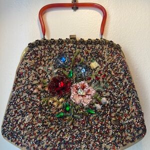 Antique Soure Bag New York 1940s Whimsical Floral Embroidery Design Collectible